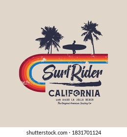 Vector illustration on the theme of surfing and surf rider in California. Vintage design.  Grunge background. Sport typography, t-shirt graphics, print, poster, banner, flyer, postcard