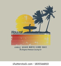 Vector illustration on the theme of surfing and surf in Hawaii. Vintage design.  Grunge background. Sport typography, t-shirt graphics, print, poster, banner, flyer, postcard