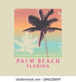 Vector illustration on the theme of surfing and surf in Florida, Palm Beach. Vintage design. Grunge background. Sport typography, t-shirt graphics, print, poster, banner, flyer, postcard