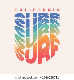 Vector illustration on the theme of surfing and surf in California. Vintage design. Grunge background. Sport typography, t-shirt graphics, print, poster, banner, flyer, postcard