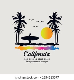 Vector illustration on the theme of surfing and surf in California. Vintage design. Sport typography, t-shirt graphics, print, poster, banner, flyer, postcard