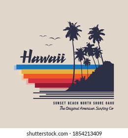 Vector illustration on the theme of surfing and surf in Hawaii. Vintage design.  Sport typography, t-shirt graphics, print, poster, banner, flyer, postcard