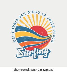 Vector illustration on the theme of surfing and surf rider in California, San Diego. Vintage design. Sport typography, t-shirt graphics, print, poster, banner, flyer, postcard