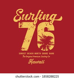 Ilustración vectorial sobre el tema del surf y el surf en Hawaii. Diseño de época.  Borde de fondo. Tipografía deportiva numérica, gráficos de camisetas, impresión, afiche, pancarta, volante, postal