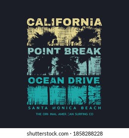 Vector illustration on the theme of surfing and surf in California, Santa Monica beach. Vintage design. Grunge background. Sport typography, t-shirt graphics, print, poster, banner, flyer, postcard
