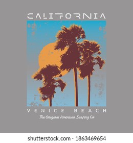 Vector illustration on the theme of surfing and surf in California, Venice Beach. Vintage design. Grunge background. Sport typography, t-shirt graphics, print, poster, banner, flyer, postcard