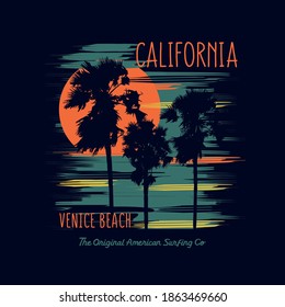 Ilustración vectorial sobre el tema del surf y el surf en California, Venecia playa. Tipografía deportiva, gráficos para camisetas, impresión, afiche, pancarta, volante, postal