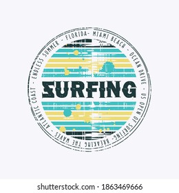 Vector illustration on the theme of surfing and surf in Florida, Miami Beach. Vintage design. Grunge background.  Stamp typography, t-shirt graphics, poster, banner, flyer, print, postcard