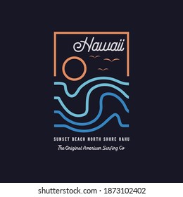 Vector illustration on the theme of surfing and surf in Hawaii. Sport typography, t-shirt graphics, print, poster, banner, flyer, postcard