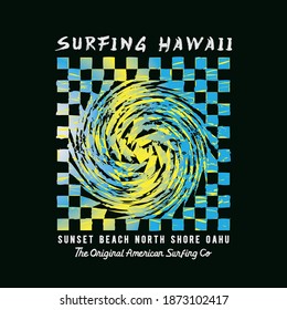 Vector illustration on the theme of surfing and surf in Hawaii. The abstract design. Typography, t-shirt graphics, print, poster, banner, flyer, postcard