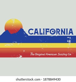 Vector illustration on the theme of surfing and surf in California. Vintage design.  Grunge background. Sport typography, t-shirt graphics, print, poster, banner, flyer, postcard