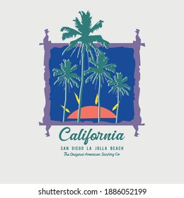 Vector illustration on the theme of surfing and surf rider in California, San Diego. Vintage design. Grunge background.  Sport typography, t-shirt graphics, print, poster, banner, flyer, postcard