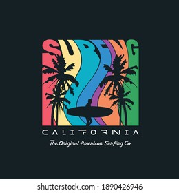 Vector illustration on the theme of surfing and surf in California. Sport typography, t-shirt graphics, print, poster, banner, flyer, postcard