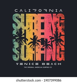 Vector illustration on the theme of surfing and surf in California, Venice beach. Sport typography, t-shirt graphics, print, poster, banner, flyer, postcard