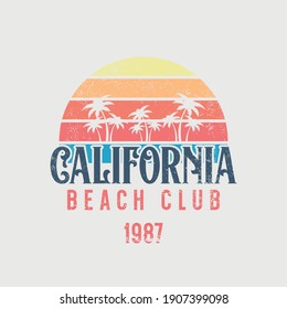 Vector illustration on the theme of surfing and surf in California. Vintage design.  Grunge background. Sport typography, t-shirt graphics, print, poster, banner, flyer, postcard