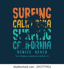 Vector illustration on the theme of surfing and surf in California. Vintage design. Grunge background.  Sport typography, t-shirt graphics, print, poster, banner, flyer, postcard