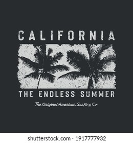 Vector illustration on the theme of surfing and surf in California. Vintage design. Grunge background. Sport typography, t-shirt graphics, print, poster, banner, flyer, postcard