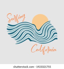 Vector illustration on the theme of surfing and surf in California. Sport typography, t-shirt graphics, print, poster, banner, flyer, postcard