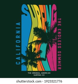 Vector illustration on the theme of surfing and surf in California. Sport typography, t-shirt graphics, print, poster, banner, flyer, postcard