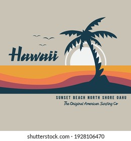 Vector Illustration On The Theme Of Surfing And Surf In Hawaii. Vintage Design. Sport Typography, T-shirt Graphics, Print, Poster, Banner, Flyer, Postcard