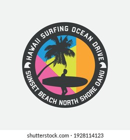 Vector illustration on the theme of surfing and surf in Hawaii. Stamp typography, t-shirt graphics, print, poster, banner, flyer, postcard