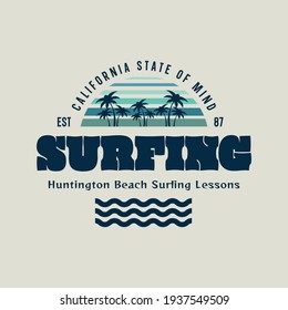 Vector illustration on the theme of surfing and surf in California. Sport typography, t-shirt graphics, print, poster, banner, flyer, postcard