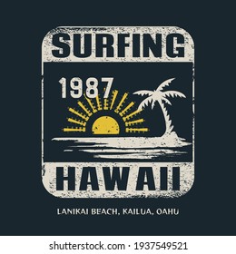 Vector Illustration On The Theme Of Surfing And Surf In Hawaii. Vintage Design. Grunge Background.  Sport Typography, T-shirt Graphics, Print, Poster, Banner, Flyer, Postcard