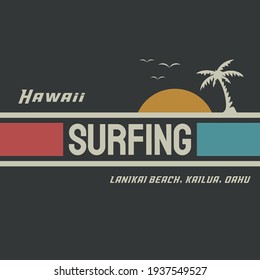 Vector illustration on the theme of surfing and surf in Hawaii. Sport typography, t-shirt graphics, print, poster, banner, flyer, postcard