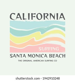 Vector illustration on the theme of surfing and surf in California, Santa Monica Beach. Sport typography, t-shirt graphics, print, poster, banner, flyer, postcard