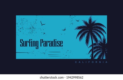 Vector illustration on the theme of surfing and surf in california.  Grunge background. Sport typography, t-shirt graphics, print, poster, banner, flyer, postcard
