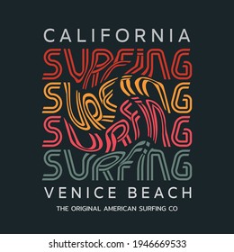 Vektorgrafik zum Thema Surfen und Surfen in Kalifornien, Venedig Strand. Sporttypografie, T-Shirt-Grafik, Druck, Poster, Banner, Flyer, Postkarte