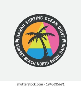 Vector illustration on the theme of surfing and surf in Hawaii. Stamp typography, t-shirt graphics, print, poster, banner, flyer, postcard