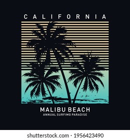 Vector illustration on the theme of surfing paradise in California. Sport typography, t-shirt graphics, print, poster, banner, flyer, postcard