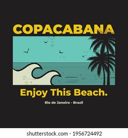 Vector illustration on the theme of surfing and surf in copacabana beach,brazil. Vintage design. Grunge background.
