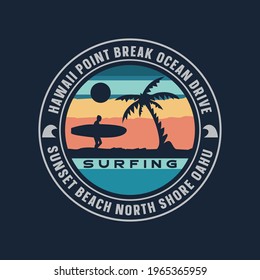 Vector illustration on the theme of surfing and surf in Hawaii. Stamp typography, t-shirt graphics, print, poster, banner, flyer, postcard