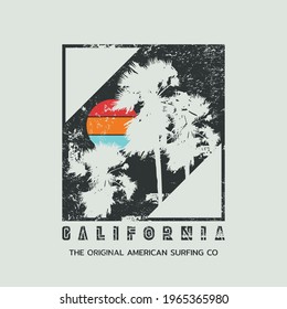 Vector illustration on the theme of surfing and surf in California. Vintage design. Grunge background. Sport typography, t-shirt graphics, print, poster, banner, flyer, postcard