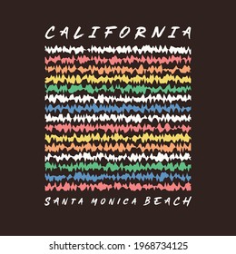 Vector illustration on the theme of surfing and surf in California, Santa Monica Beach. Sport typography, t-shirt graphics, print, poster, banner, flyer, postcard
