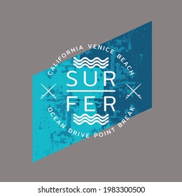  Vector illustration on the theme of surfing and surfer in California, Venice beach.  Grunge background. Typography, t-shirt graphics, poster, print, banner, flyer, postcard