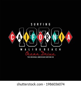 Vector illustration on the theme of surfing and surf in California, Malibu beach with colorful. Typography, t-shirt graphics, print, poster, banner, flyer, postcard