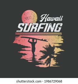 Vector illustration on the theme of surfing and surf in Hawaii. Vintage design. Grunge background. Sport typography, t-shirt graphics, print, poster, banner, flyer, postcard