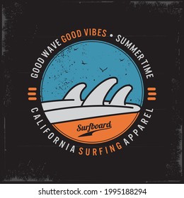 Vector illustration on the theme of surfing and surf in California.t-shirt graphics, print, poster, banner, flyer, postcard,etc.
