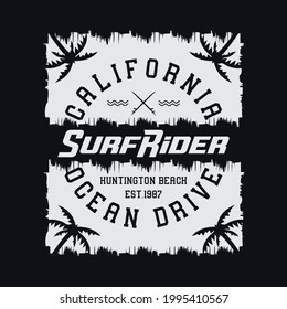 Vector illustration on the theme of surfing and surf rider in California, Huntington Beach. Stamp typography, t-shirt graphics, print, poster, banner, flyer, postcard