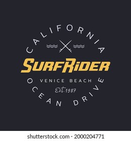 Vector illustration on the theme of surfing and surf rider in California, Venice beach. Stamp typography, t-shirt graphics, print, poster, banner, flyer, postcard