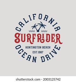 Vector illustration on the theme of surfing and surf rider in California, Huntington Beach. Stamp typography, t-shirt graphics, print, poster, banner, flyer, postcard