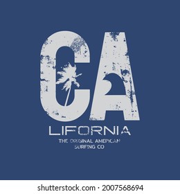 Vector illustration on the theme of surfing and surf in California. Vintage design. Grunge background. Sport typography, t-shirt graphics, print, poster, banner, flyer, postcard