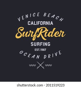 Vector illustration on the theme of surfing and surf rider in California, Venice beach. Stamp typography, t-shirt graphics, print, poster, banner, flyer, postcard