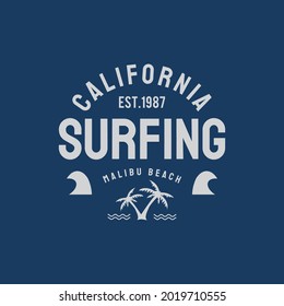 Vector illustration on the theme of surfing and surf rider in California, Malibu beach. Stamp typography, t-shirt graphics, print, poster, banner, flyer, postcard