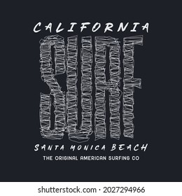 Vector illustration on the theme of surfing and surf in California, Santa Monica Beach. Sport typography, t-shirt graphics, print, poster, banner, flyer, postcard