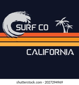 Vector illustration on the theme of surfing and surf in California. Sport typography, t-shirt graphics, print, poster, banner, flyer, postcard