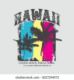 Vector illustration on the theme of surfing and surf in Hawaii. Vintage design. Grunge background. Sport typography, t-shirt graphics, print, poster, banner, flyer, postcard